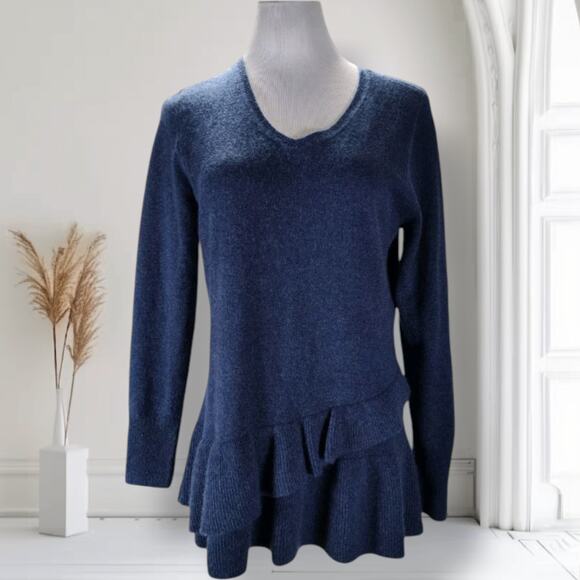 Isaac Mizrahi Live Cashmere Sweater M Blue Ruffle Hem Peplum Knit - Picture 1 of 10